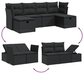 6 pcs conjunto sofás de jardim c/ almofadões vime PE preto