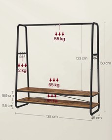 Guarda roupa aberto com 2 prateleiras e 6 ganchos laterais 45 x 138 x 160 cm castanho vintage + preto