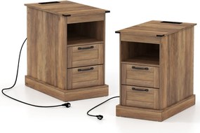 Conjunto de 2 mesas de cabeceira, mesas apoio rústicas com estação de carregamento e 2 gavetas Pretas e castanho rustico