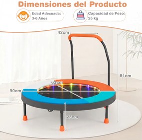 Mini-trampolim para crianças de 90 cm com luzes, dobrável, com barra de espuma e capa de segurança acolchoada multicolorida 2