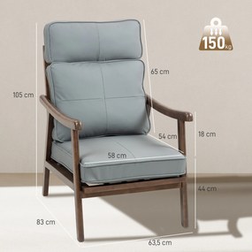 Poltrona de Sala de Estar Estofada em PU com Estrutura de Madeira Almofadas Acolchoadas Poltrona de Leitura 63,5x83x105 cm Cinza