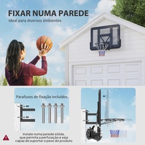 Tabela de Basquetebol de Parede para Interior e Exterior com Painel Inquebrável de 110x75 cm e Rede Resistente a Rasgos Preto