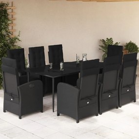 9 pcs conjunto de jantar p/ jardim c/ almofadões vime PE preto