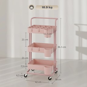 Carrinho de Cozinha Carrinho de Armazenamento com 4 Ganchos 3 Cestas Removíveis 3 Caixas Suspensas 42x38x86,5 cm Rosa