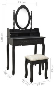 Conj. toucador com banco 75x69x140 cm madeira paulownia preto