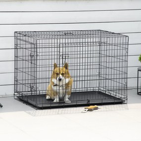 PawHut Gaiola para Cães Pequenos Gaiola para Animal de Estimação Dobrável com 2 Portas Alça de Transporte Bandeja Removível Aço 106x71x76cm Preto