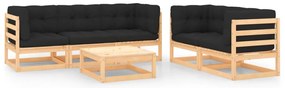 6 pcs conjunto lounge de jardim c/ almofadões pinho maciço