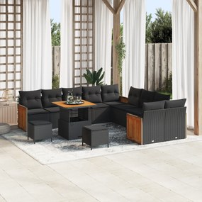 Conjunto de Sofás de Jardim vidaXL de 13 Peças com Almofadas Preto Vime Sintético Acácia