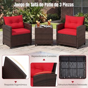 Conjunto de 3 Peças de Bistró Exterior com 2 Cadeiras e Mesa Auxiliar, 67 x 64 x 77 cm, Rattan PE Entrançado à Mão, Castanho e Vermelho