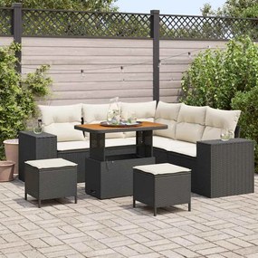 Conjunto de Sofá de Jardim com 8 Peças com Almofadas Preto Rattan Poliéster Acácia