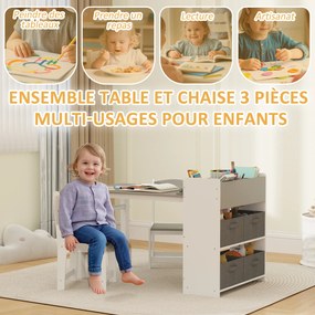 Conjunto de mesa e 2 cadeiras infantis em madeira com rolo de papel, prateleiras e gavetas, para meninas e meninos dos 3 aos 8 anos, cinzento