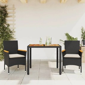 3 pcs conjunto jantar jardim c/ almofadões vime PE/acácia preto