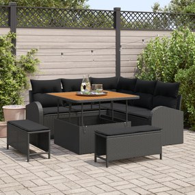 Conjunto de Sofá de Jardim de 8 Peças com Almofadas Rattan Preto Acácia vidaXL
