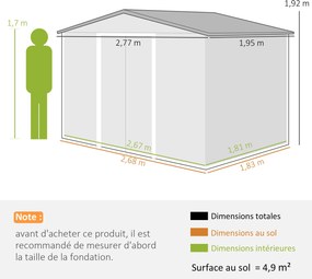 Abrigo de jardim com 5,4 m², dimensões: 2,77 x 1,95 x 1,92 m, com fundações incluídas (PISO NÃO INCLUIDO), porta de correr, aberturas de ventilação e