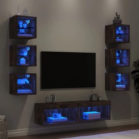 vidaXL 8pcs móveis parede p/ TV c/ LEDs deriv. madeira carvalho fumado