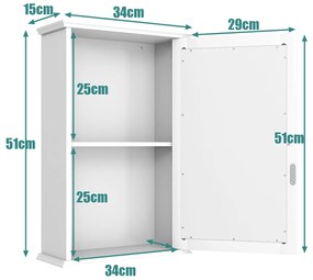 Armário de Espelho de Casa de Banho Monocompartimentado com Porta Única e Prateleira Ajustável para Cozinha de Casa de Banho 34 x 15 x 51 cm Branco