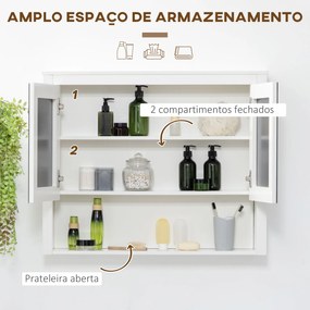 Armário de Parede para Casa de Banho Armário Suspenso com Espelho para Casa de Banho com 2 Portas e Prateleira de Armazenamento 80x20x65cm Branco