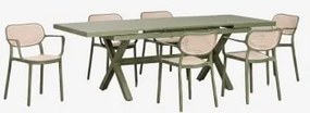 Conjunto De Mesa Retangular Extensível Karena 180-240x90 Cm E 6 Cadeiras De Jardim Empilháveis Com Apoios De Braços Omara Verde Azeitona Intenso -