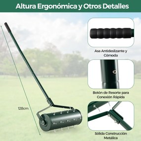 Rolo para relva com arejador de relva com rodas de 44 cm Cabo amovível de 128 cm e dentes para jardim e pátio Fácil de montar Verde