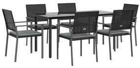 7 pcs conjunto de jantar p/ jardim c/ almofadões vime PE e aço