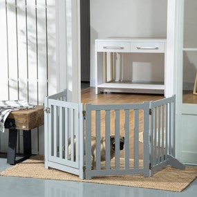 Barreira de segurança dobrável para cães  205 x 60 cm, de madeira, de dupla face, com 4 painéis e porta, pés de apoio, 205 x 60 cm, cinzenta