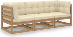 vidaXL Sofá de jardim 3 lugares com almofadões pinho maciço