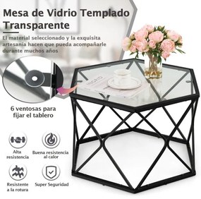 Mesa de centro geométrica de vidro temperado hexagonal Pernas de metal compactas para sala de estar Sala de receção 65 x 56 x 40 cm Preto