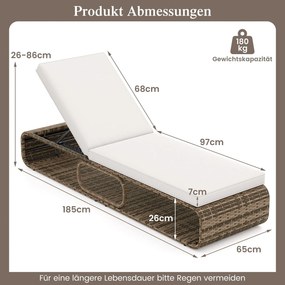Espreguiçadeira de rattan para jardim com almofada e encosto ajustável, suporta até 180 kg Castanho misto + Branco