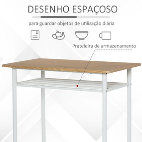HOMCOM Conjunto de Móvel Bar Conjunto de Mesa Alta e 2 Bancos com Prateleira de Armazenamento e Estrutura de Metal para Cozinha Sala de Jantar 80x50x90cm Branco e Madeira