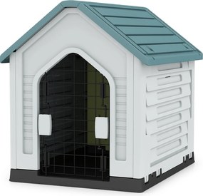 Casota para cães 66,5 x 52 x 60 cm com porta metálica com fechadura e telhado inclinado Boa ventilação para interior e exterior Azul