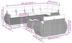 9 pcs conjunto sofás p/ jardim com almofadões vime PE cinzento