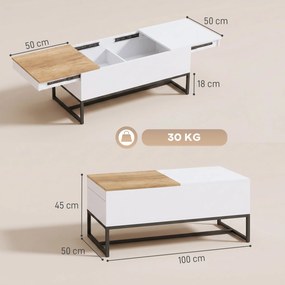 Mesa de centro extensível com tampo deslizante 100 x 50 x 45 cm, mesa de sala com arrumação oculta e pés em aço, branca