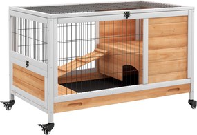 Coelheira de Madeira Gaiola de para Pequenos Animais Portátil com Teto Abatível Rampa Bandeja Amovível 90x53x59cm Madeira
