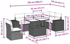 7 pcs conj. sofás jardim com almofadões vime PE cinzento-claro