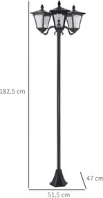 Candeeiro Solar de Jardim com 3 Luzes LED Impermeável IP44 Sensor de Noite Candeeiro de Exterior 51,5x47x182,5cm Preto