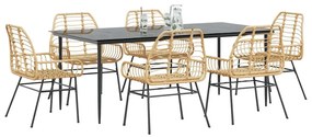 Conjunto jantar jardim 7 peças vidro vime PE castanho