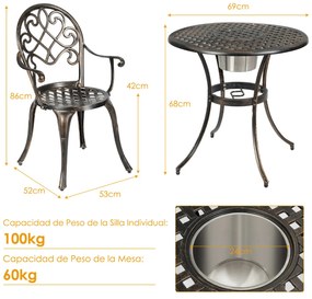 Conjunto de 3 peças de alumínio fundido para mesa de bistrô ao ar livre e 2 cadeiras de bistrô com balde de gelo amovível resistente Bronze