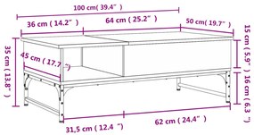 Mesa centro 100x50x35 cm deriv. madeira/metal carvalho castanho