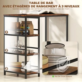 Mesa de bar alta com 3 prateleiras de arrumação e estrutura em aço (BANCOS NÃO INCLUIDOS), 90 x 50 x 90,5 cm, castanho rústico, preto