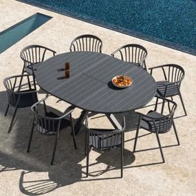 Conjunto De Mesa Redonda Extensível Barces, 145-200x145 Cm, Feito De Alumínio E 8 Cadeiras De Jardim Empilháveis Ivor Com Braços Cinza Grafito - Sklum