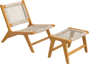 Outsunny Poltrona de jardim com pufe 2 peças em madeira de acácia FSC, lounge outdoor com assento em rattan, estilo Boho, pés ajustáveis | Aosom Portugal
