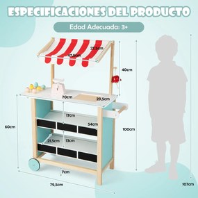 Carrinho de gelados de madeira para crianças Brinquedo de supermercado com 6 gelados Balança Banca de mercado para crianças com mais de 3 anos