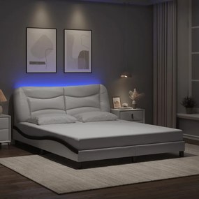 Estrutura cama c/ luzes LED 160x200cm couro artif. branco/preto