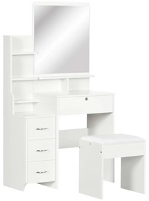 HOMCOM Toucador de Maquilhagem com Banco Espelho 4 Gavetas 4 Compartimentos de Armazenamento Estilo Moderno 80x38x143cm Branco