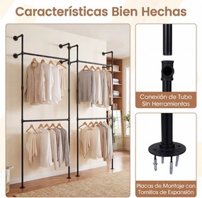 Cabideiro de Parede para Roupa, 106 x 32 x 227 cm, 2 Barras para Pendurar, Preto
