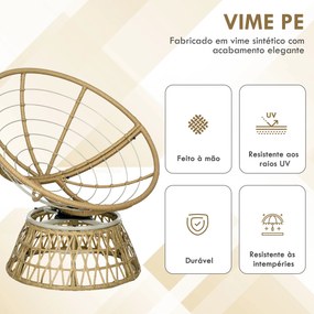 Cadeira Papasan Giratória de Vime Sintético com Almofada Suporta 120 kg para Exterior Jardim Terraço 85x70x82 cm Castanho e Cáqui