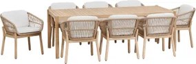 Conjunto De Mesa Retangular 220x100 Cm E 8 Cadeiras De Jardim Em Madeira De Acácia E Corda Trançada Karvia Marrom Acácia Claro & Tecido Branco - Sklum