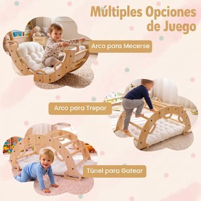 Arco de escalada 3 em 1 bebés Montessori em madeira com almofada e baloiço para interior, a partir de 1 ano, 81 x 48,5 x 38,5 cm, natural