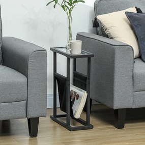 Mesa auxiliar estreita 40 x 18 x 55,5 cm, mesa de canto em metal com porta-revistas e tampo em vidro temperado, preta
