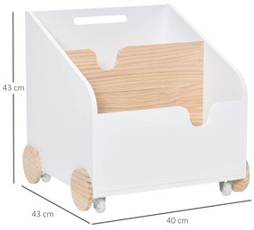 Caixa de Armazenamento de Brinquedos de 2 Seções com Rodas Puxador Carrinho de Madeira Infantil 40x43x43cm Branco e Madeira Natural